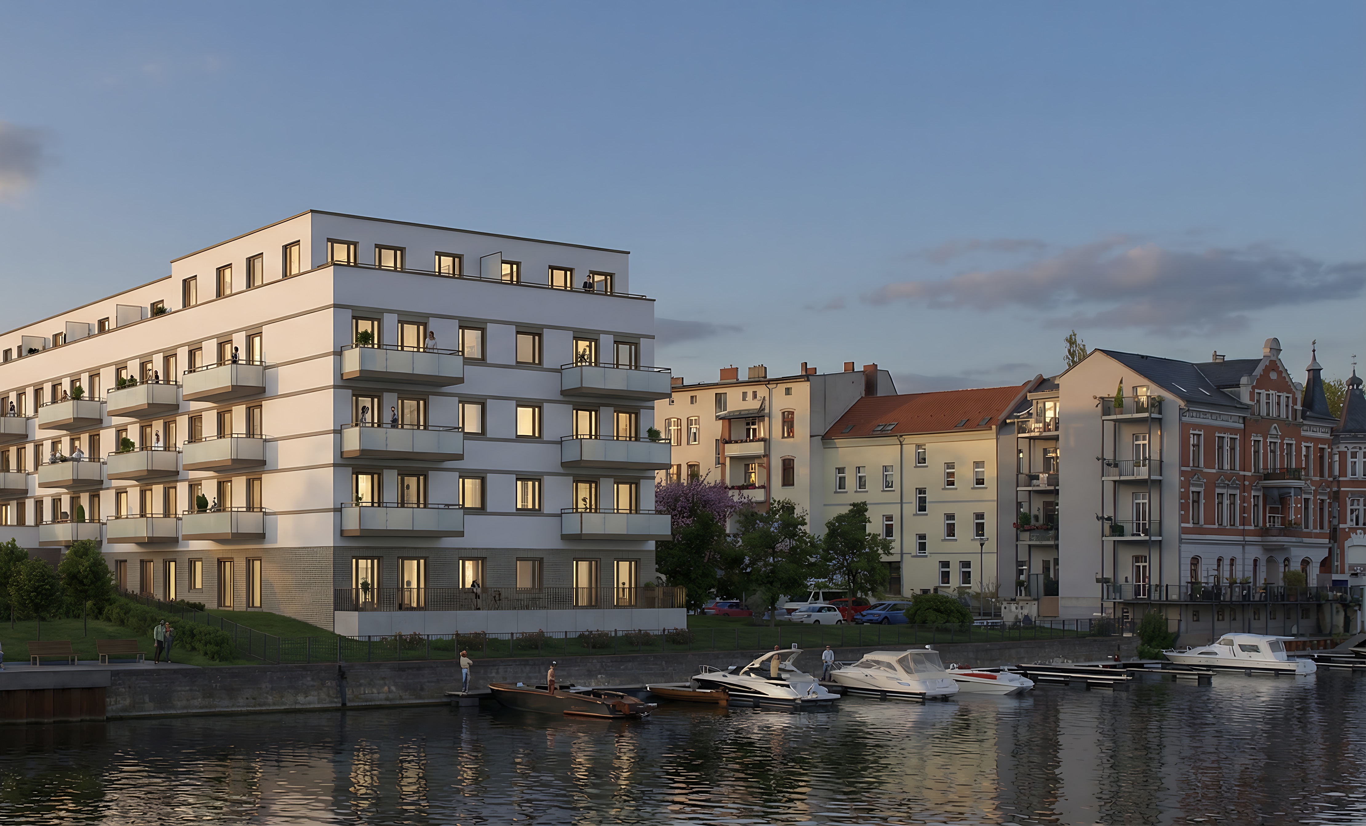 Havel Quartier — Ansicht von der Havel, Abenddämmerung